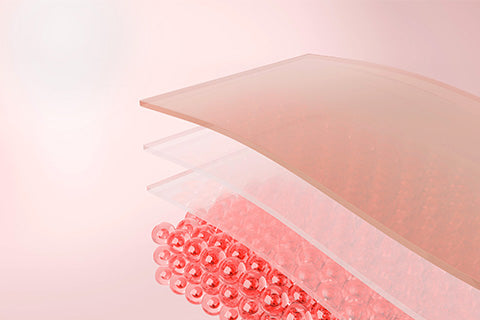 schéma des différentes couches de la peau en 3D avec un fond rose